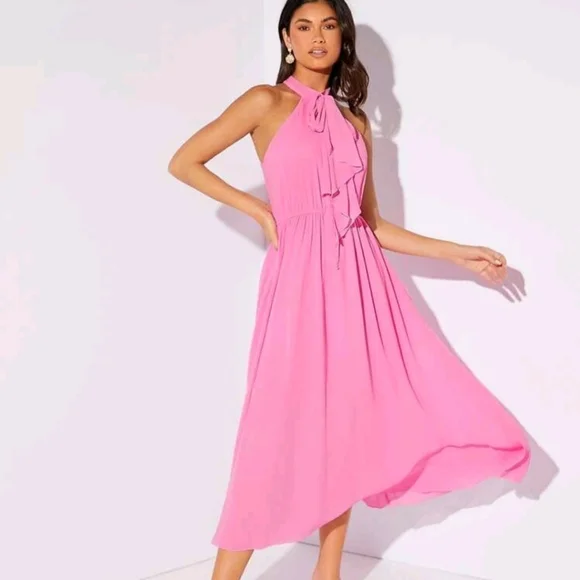 ๐NWT Hot Pink Chiffon Halter Midi Classic ๐ - Picture 1 of 7